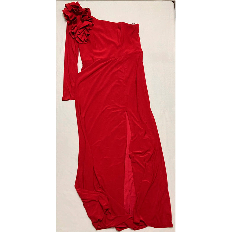 XSCAPE Plus Size Asymmetrical Ruffle Shoulder Long Sleeve Sheath Dress RED 14