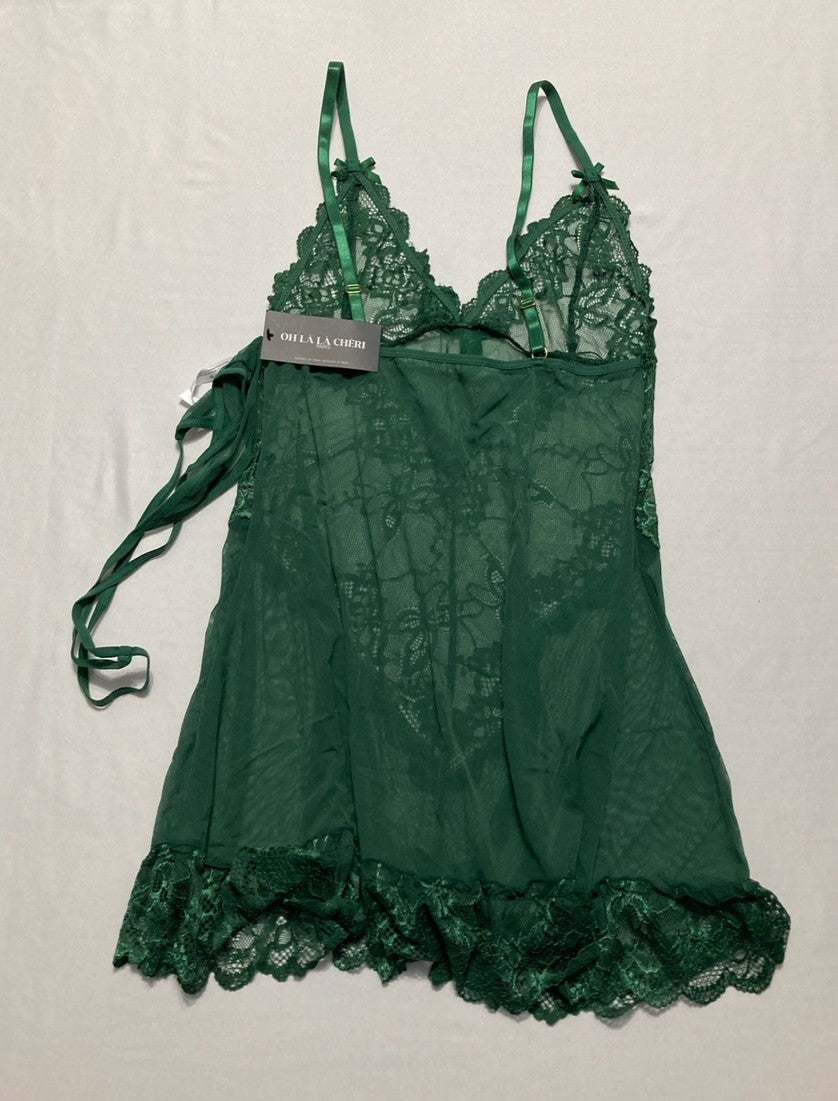 OH LA LA CHERI Soft Cup Babydoll Chemise & G-String Thong GREEN XL