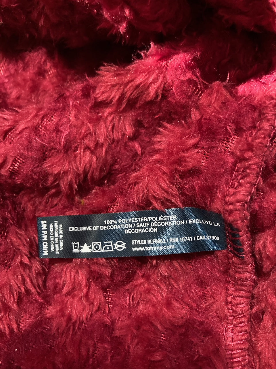 TOMMY HILFIGER Long Sleeve Plush Robe RED S/M