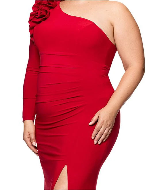 XSCAPE Plus Size Asymmetrical Ruffle Shoulder Long Sleeve Sheath Dress RED 14