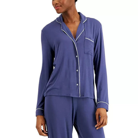 Alfani Printed Notch-Collar Only Pajama Top Blue S