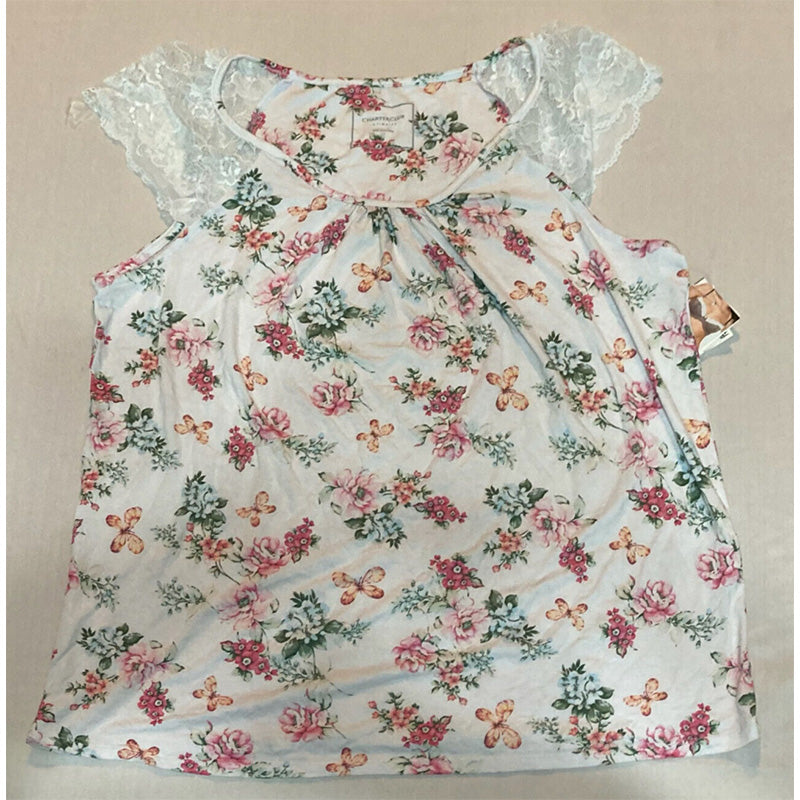 Charter Club Lace-Trim Printed Only Pajama Top White Floral L
