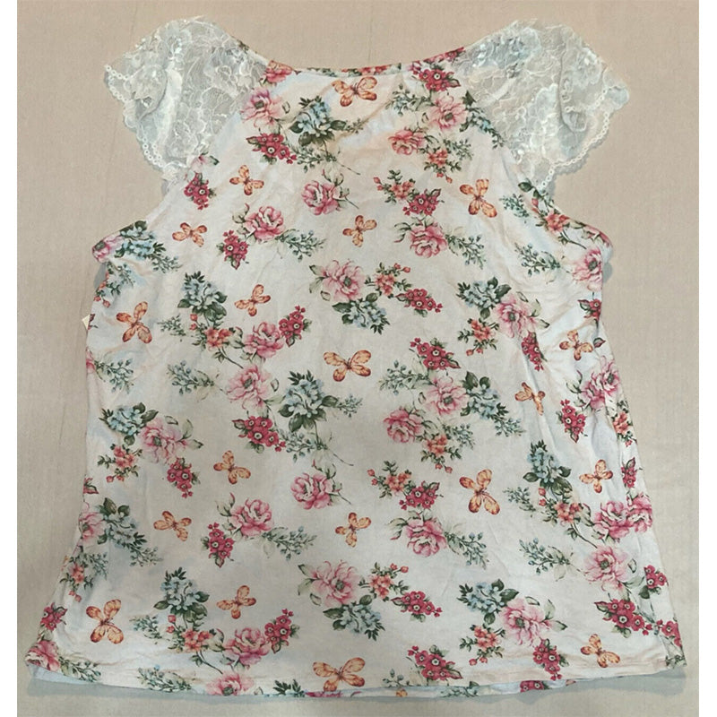 Charter Club Lace-Trim Printed Only Pajama Top White Floral L