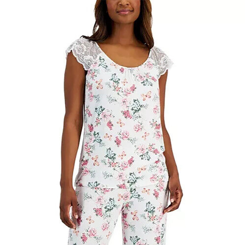 Charter Club Lace-Trim Printed Only Pajama Top White Floral L