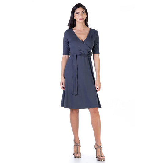 NWD 24seven Comfort Apparel Sleeve Length Faux Wrap Dress Navy L