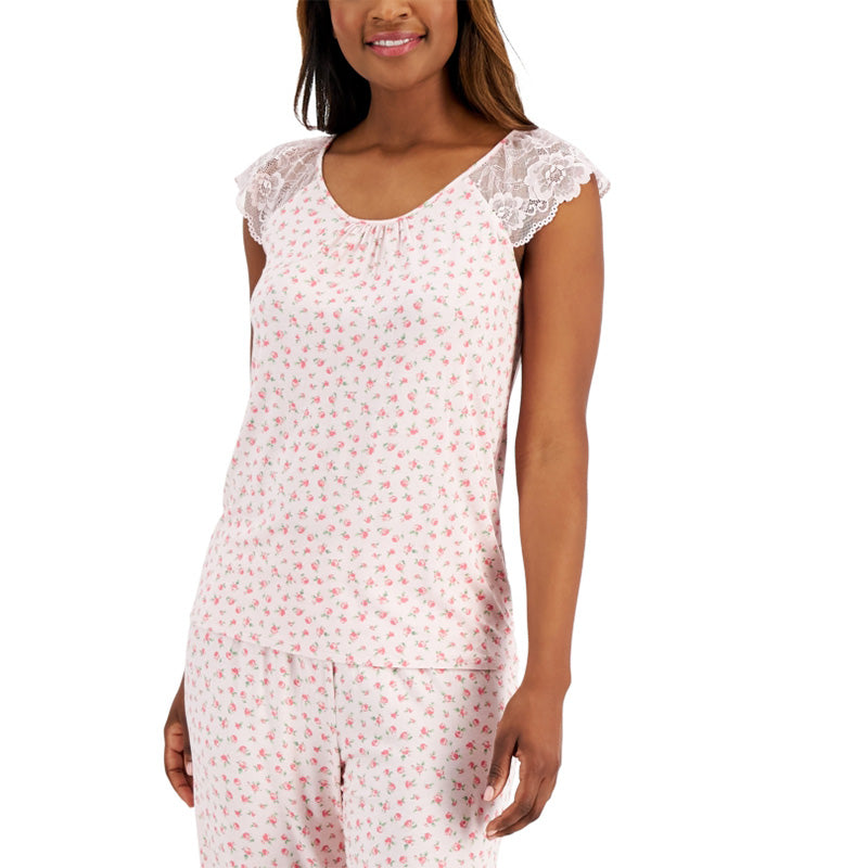 Charter Club Lace-Trim Printed Only Pajama Top Pink L