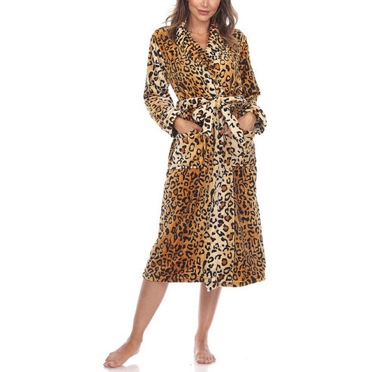 White Mark Plus Size Cozy Loungewear Belted Robe Animal Print L/XL