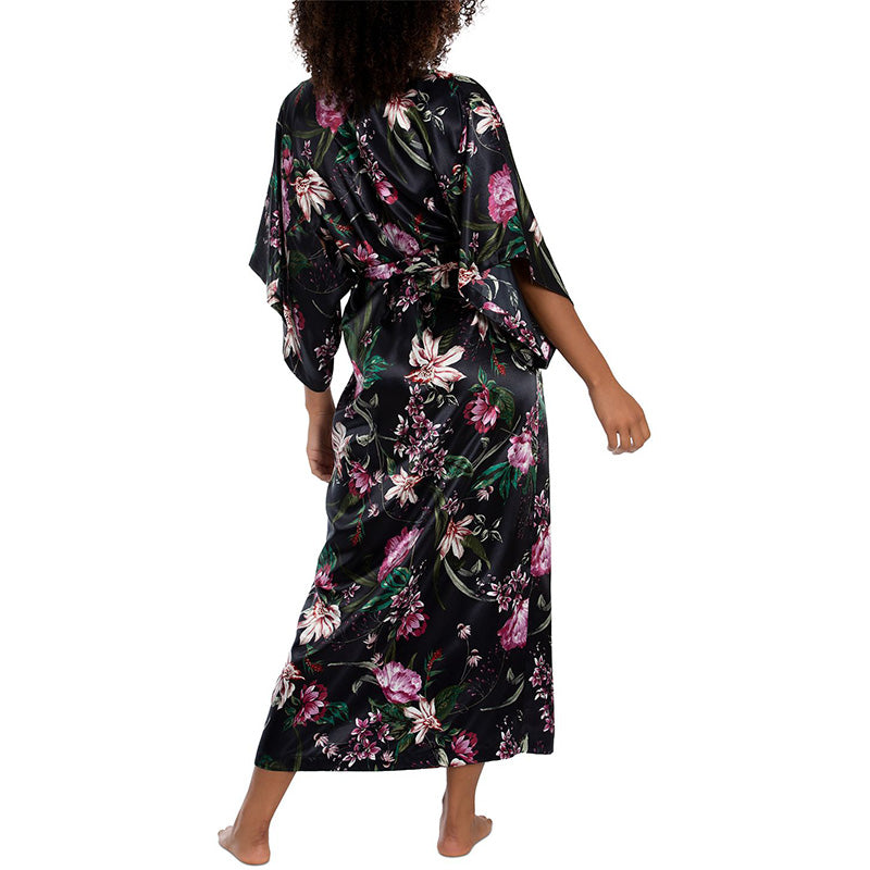 NWD Linea Donatella Tropic Delight Long Satin Wrap Robe Floral S/M