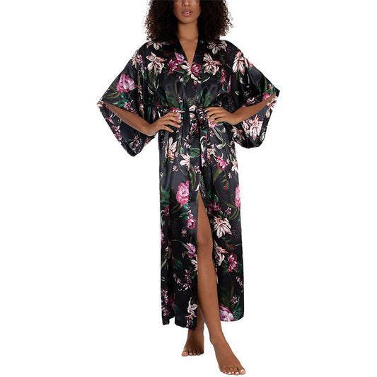 NWD Linea Donatella Tropic Delight Long Satin Wrap Robe Floral S/M
