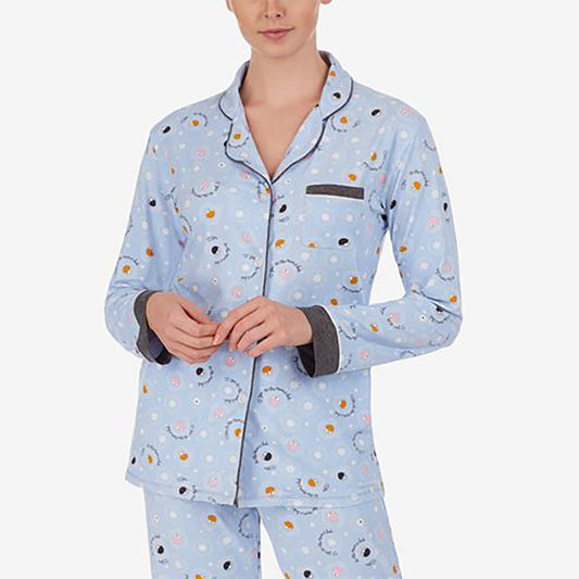 Cuddl Duds Printed Knit Notch Collar Only Top Blue L