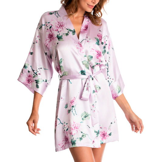 NWD Linea Donatella Floral-Print Satin Wrap Robe Floral S/M