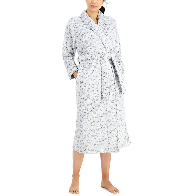 NWD Charter Club Animal-Print Wrap Plush Robe Grey XS/S