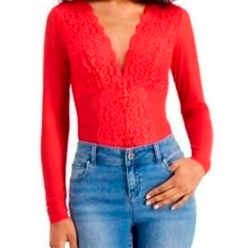 INC Intimates long-sleeve lace mesh bodysuit Red S