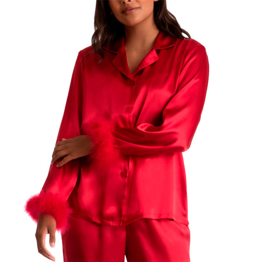 Linea Donatella Marabou Feather Satin Pajama Top Ruby L