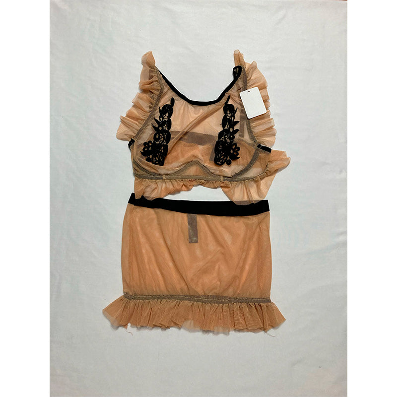 Hauty Ruffle Trim Mesh Bralette & Skirt Set Nude One Size