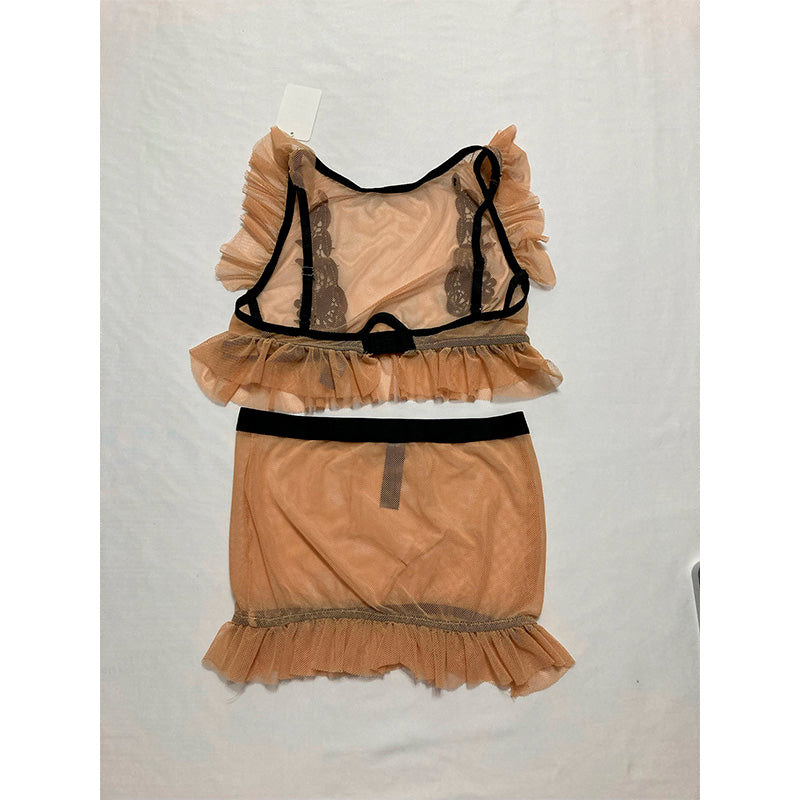 Hauty Ruffle Trim Mesh Bralette & Skirt Set Nude One Size