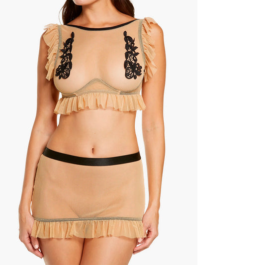 Hauty Ruffle Trim Mesh Bralette & Skirt Set Nude One Size
