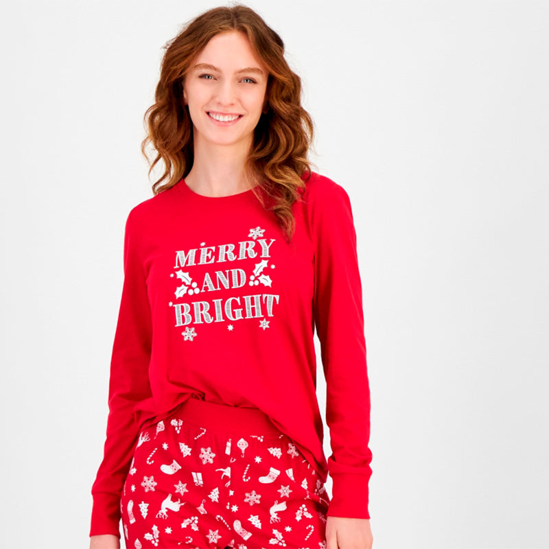 Family Pjs Sleep Top Round Neck Women Red M