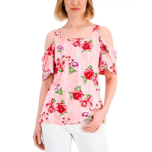 Jm Collection Floral Cold-Shoulder T-Shirt Pink Floral 2XL