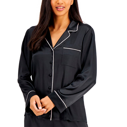 INC Satin Notch Collar Only Pajama Top Black M