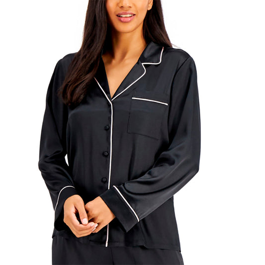 INC  Satin Notch Collar Pajama Top Black 2XL