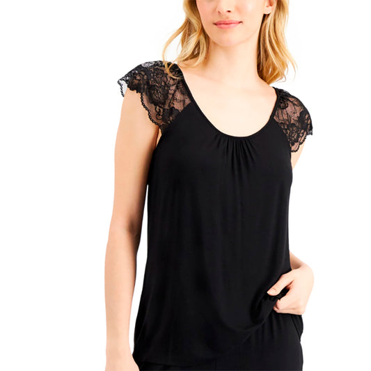 Charter Club Cotton Lace-Trim Only Pajama Top Black L