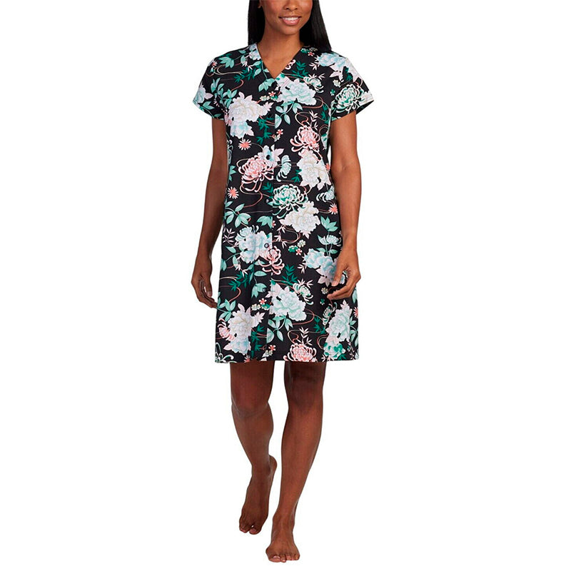 NWD Miss Elaine Short-Sleeve Floral Snap Front Nightgown M