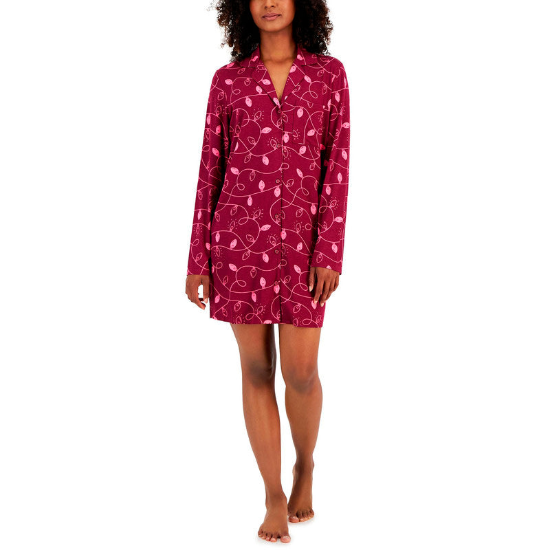 Jenni Women's Notched-Collar Long-Sleeve Sleepshirt Burgundy M