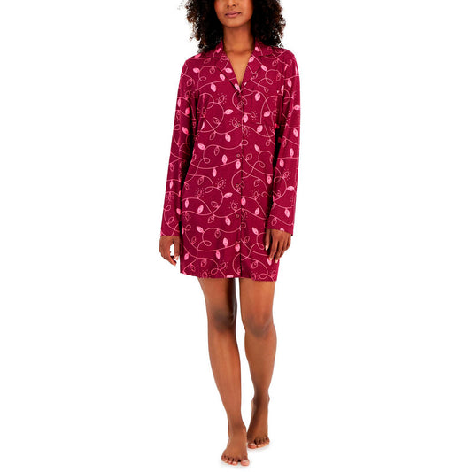 Jenni Women's Notched-Collar Long-Sleeve Sleepshirt Burgundy M