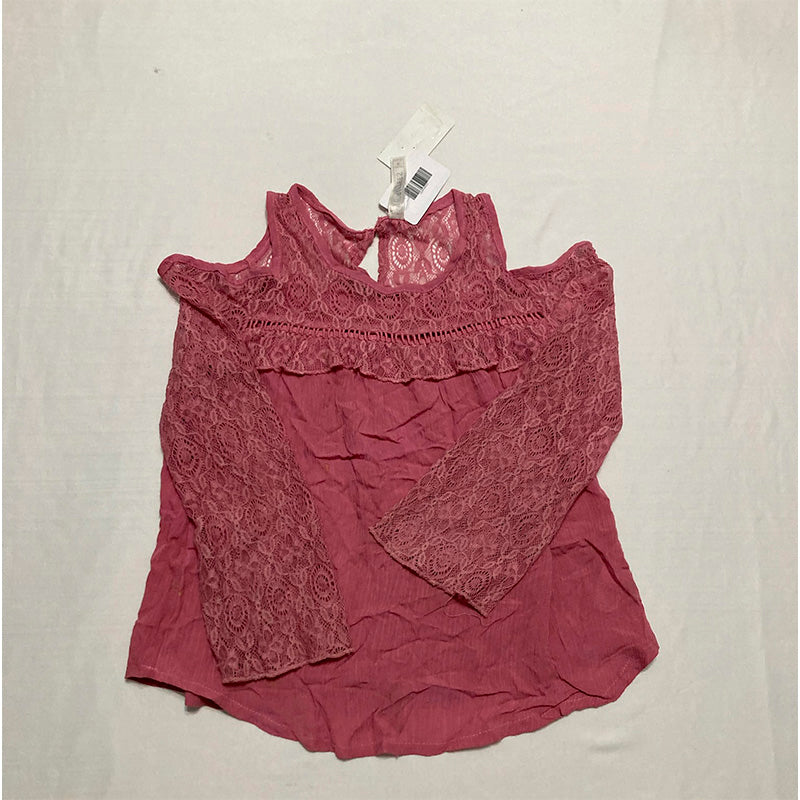 Beautees Cold-Shoulder Illusion-Lace Top Pink M