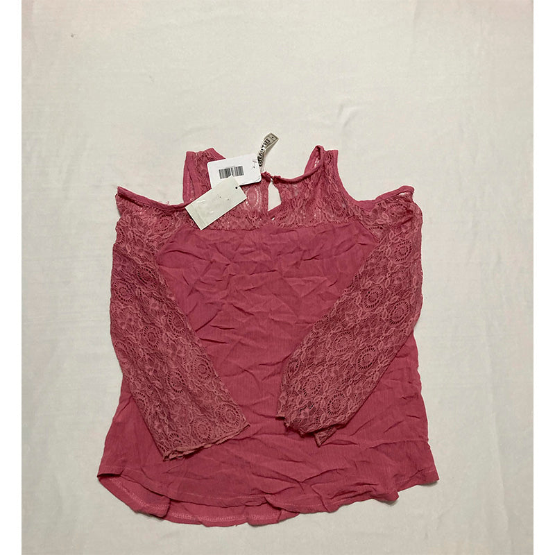 Beautees Cold-Shoulder Illusion-Lace Top Pink M