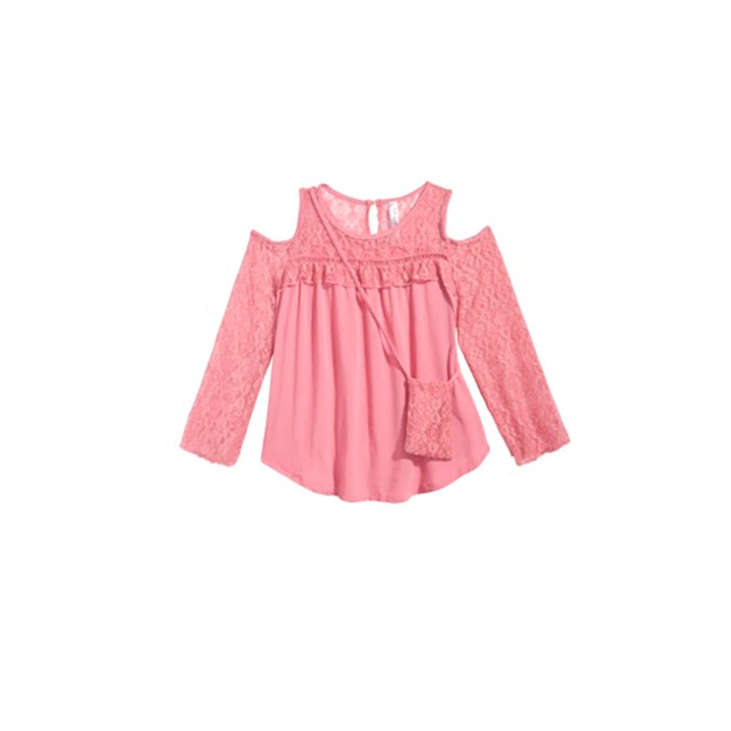 Beautees Cold-Shoulder Illusion-Lace Top Pink M
