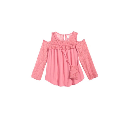 Beautees Cold-Shoulder Illusion-Lace Top Pink M