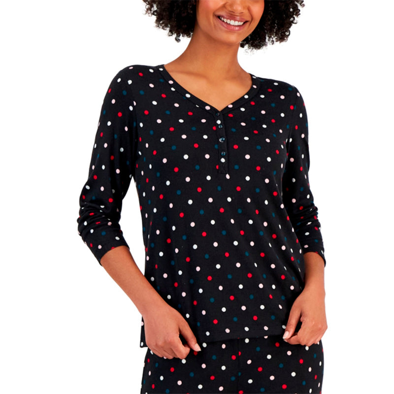 Charter Club Pajama Top V Neck Black Polka Dot L
