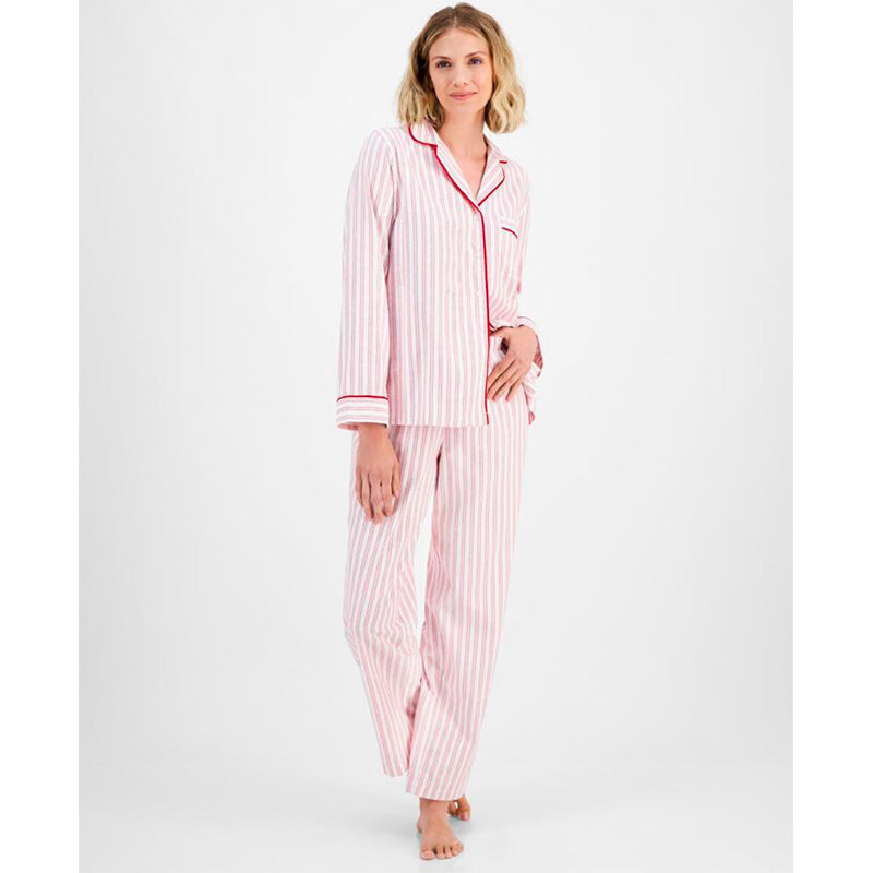 Charter Club Pajama Set Notch Collar Striped Red/White PS