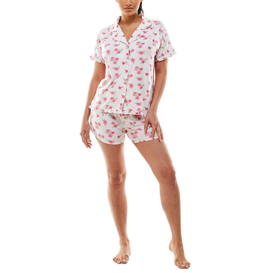 Roudelain Yummy Ruffle-Trim Notch Collar Pajama Set Roses S