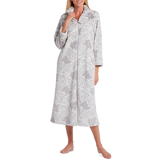 Miss Elaine Knit Textured Long Zipper Robe Grey Floral 1X