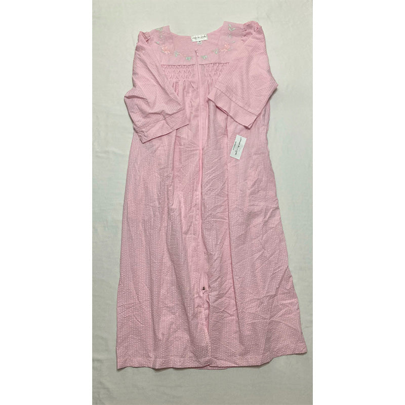 Miss Elaine Long Seersucker Robe Front Zipper 3/4 Sleeves Pink Petite M