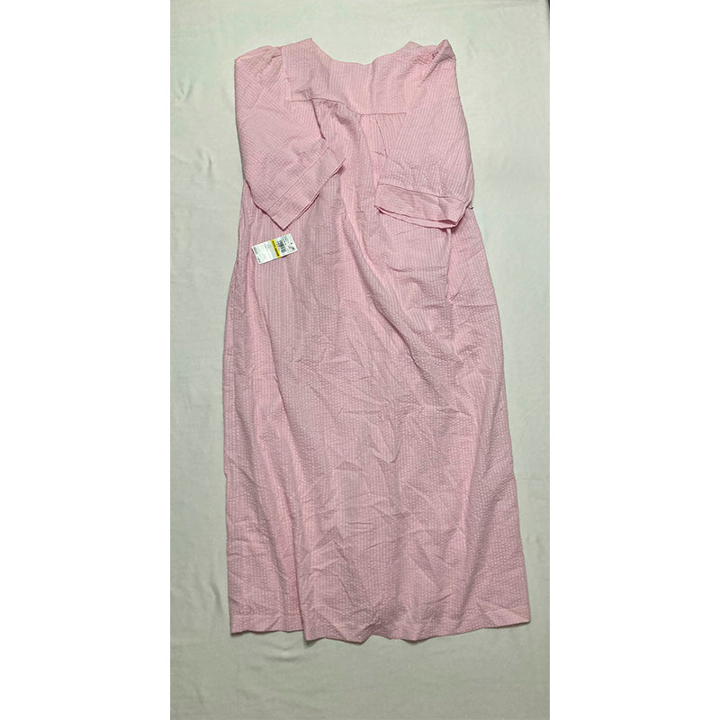 Miss Elaine Long Seersucker Robe Front Zipper 3/4 Sleeves Pink Petite M