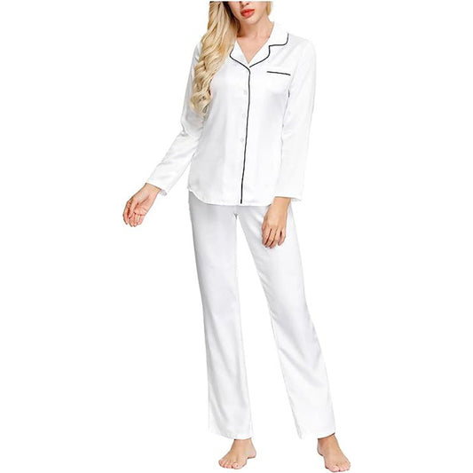 Ink Long Sleeve Button Top & Trouser Pajama Set Casual Soft Breathable  White S