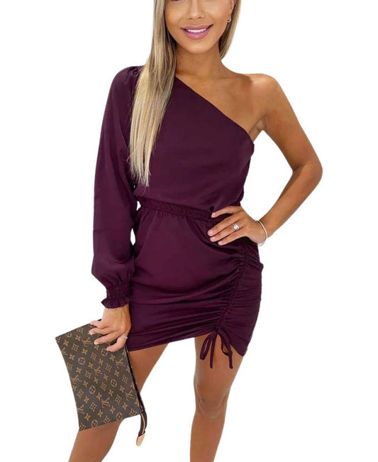 AX PARIS One Shoulder Dress with Side Ruched Tie Detail WINE 4