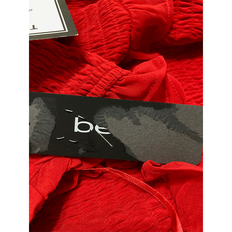 BEBE Red Smocked Ruffled Pullover Spaghetti Strap Square Neck L