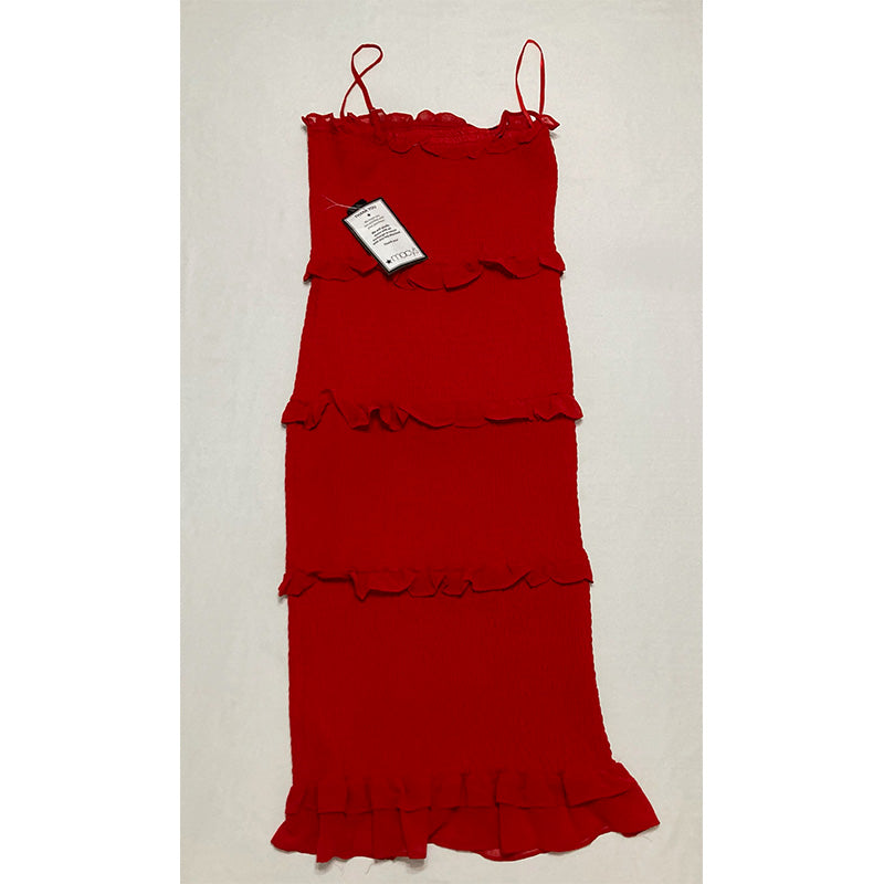 BEBE Red Smocked Ruffled Pullover Spaghetti Strap Square Neck L