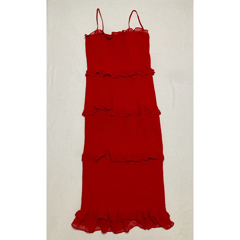 BEBE Red Smocked Ruffled Pullover Spaghetti Strap Square Neck L