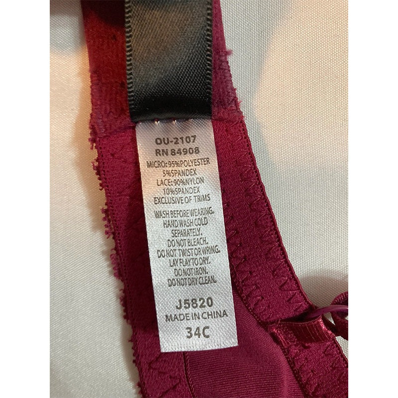 Jezebel Lace-Trim Underwire Bra Burgundy 34C
