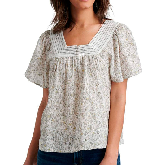 Lucky Brand Floral Square Neck Flutter Sleeve Top Natural Multi S