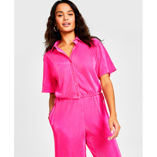 Bar Iii Short-Sleeve Button-Up Shirt Pink L