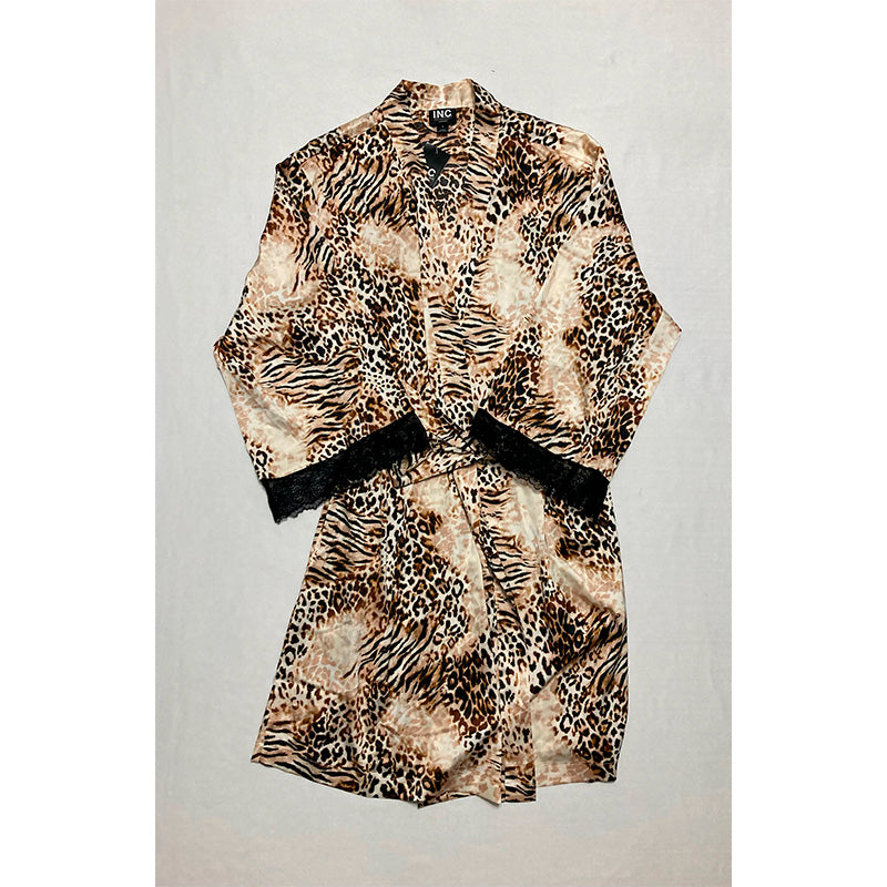 I.N.C. Lace-Trim Animal-Print Stretch Satin Robe S