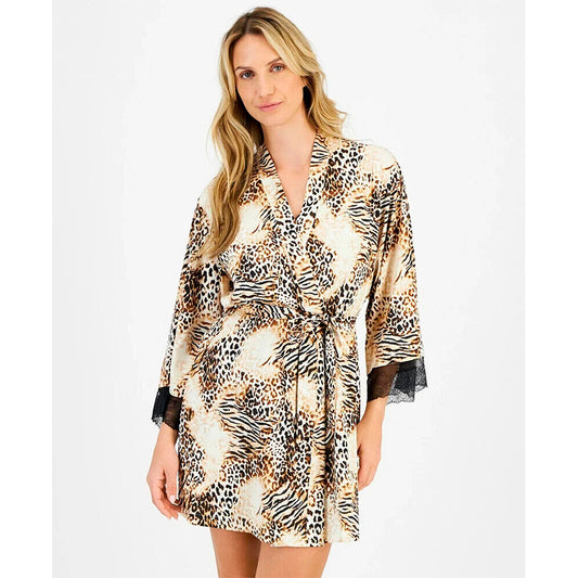 I.N.C. Lace-Trim Animal-Print Stretch Satin Robe S