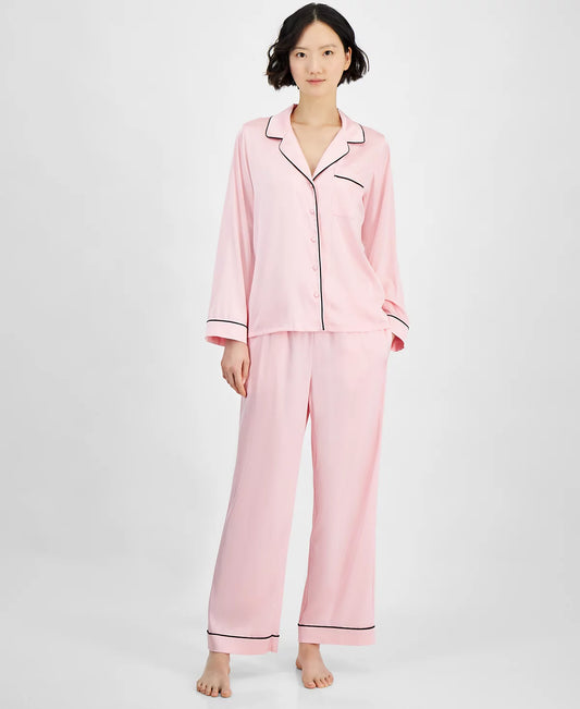 I.N.C. Women's 2-Piece Piped Satin Pajamas PINK L